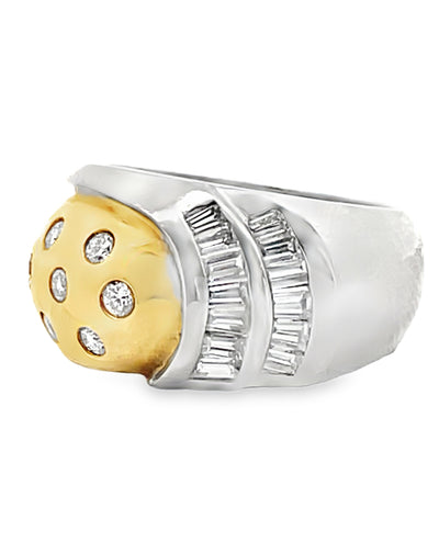 Vintage Platinum and 18k Yellow Gold Two Tone Dome Ring with Round and Baguette Diamonds 0.88 Carats