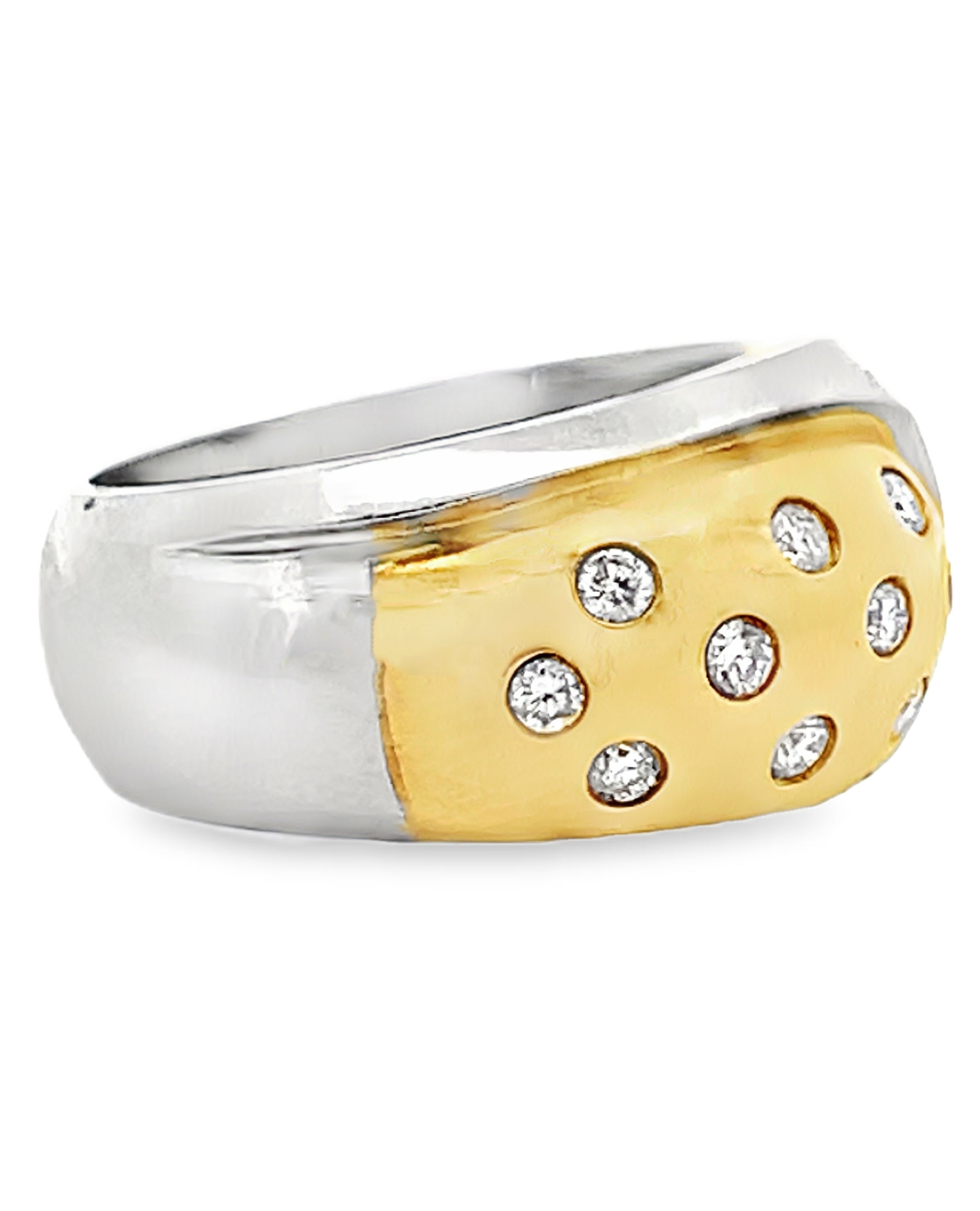 Vintage Platinum and 18k Yellow Gold Two Tone Dome Ring with Round and Baguette Diamonds 0.88 Carats
