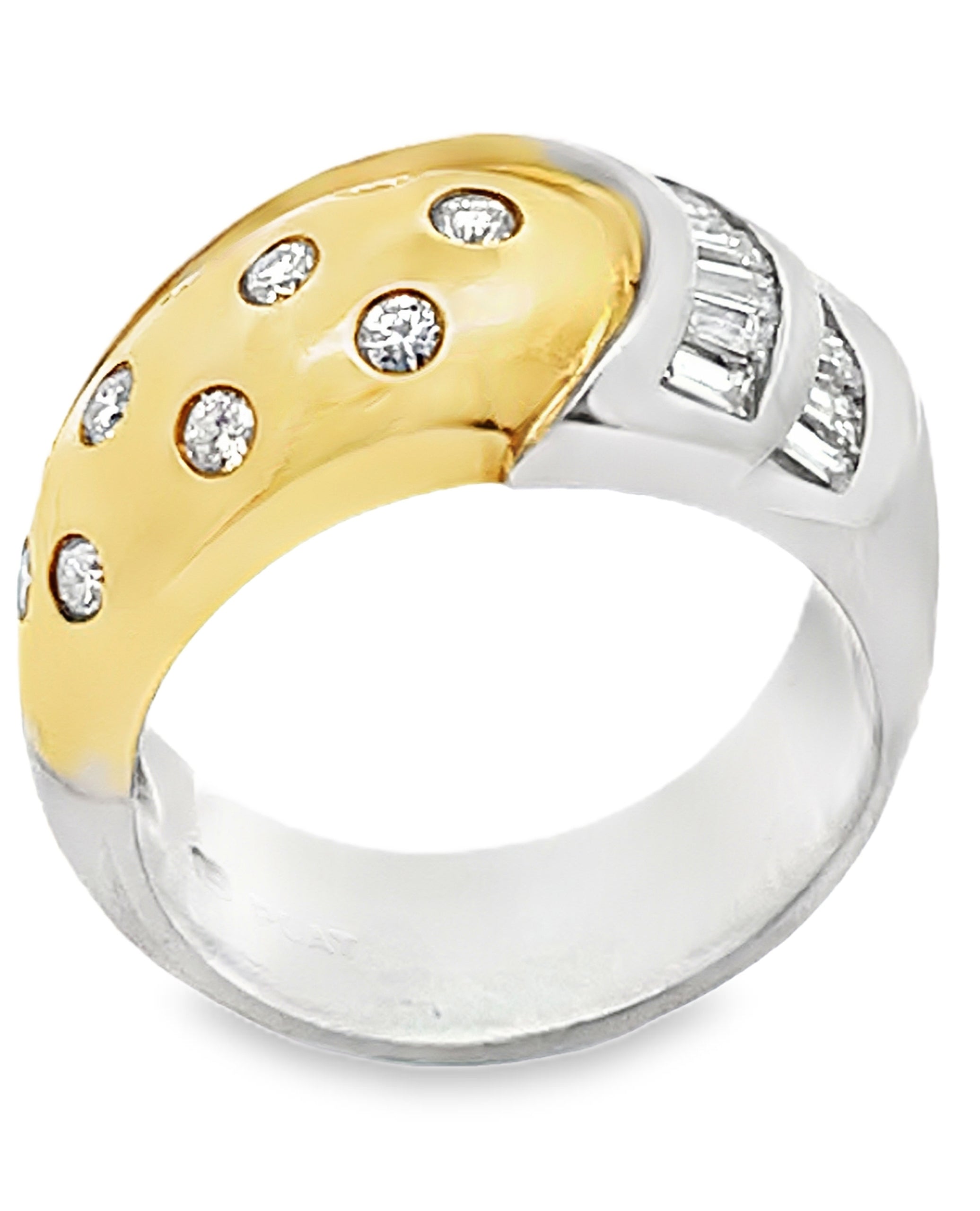 Vintage Platinum and 18k Yellow Gold Two Tone Dome Ring with Round and Baguette Diamonds 0.88 Carats