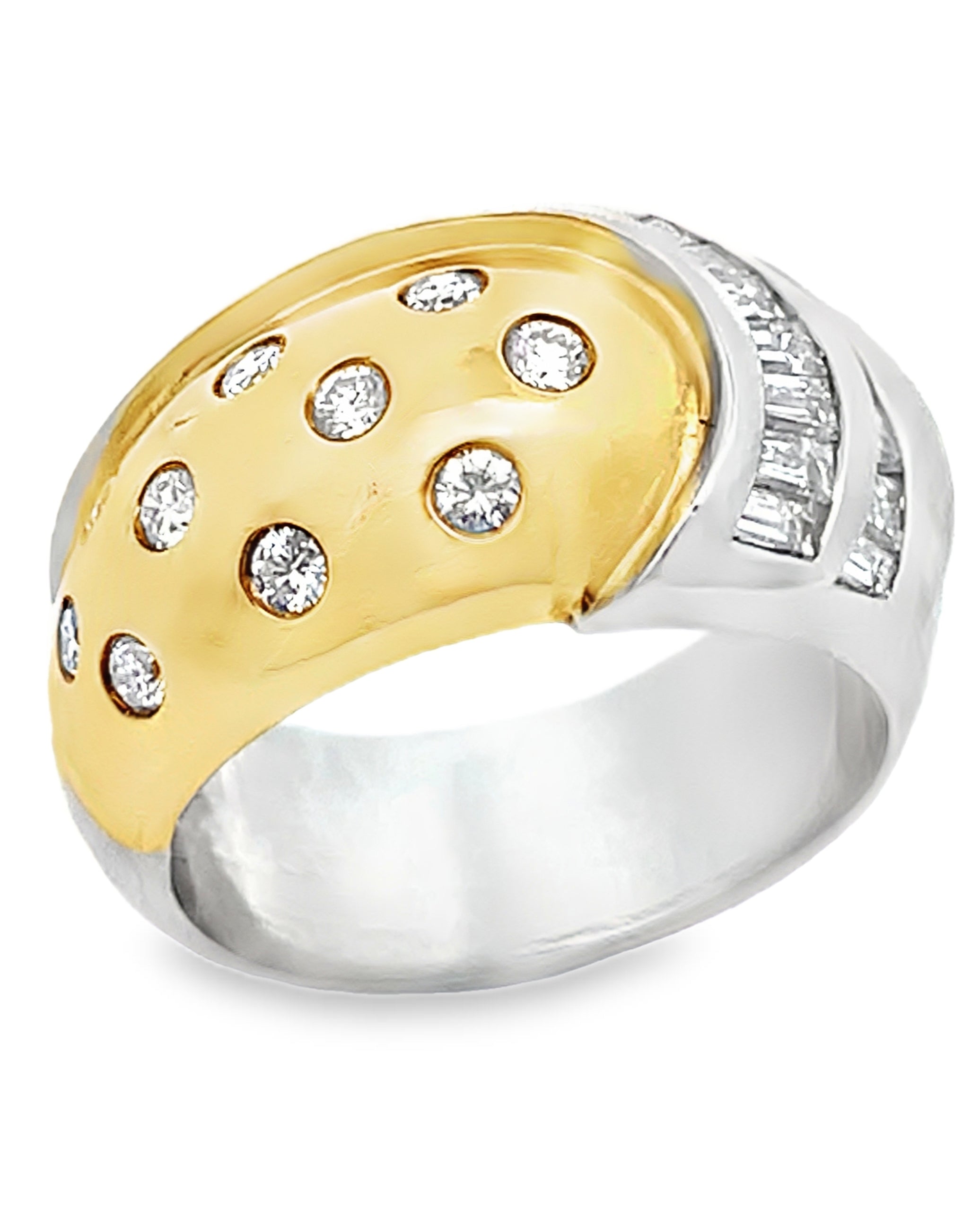 Vintage Platinum and 18k Yellow Gold Two Tone Dome Ring with Round and Baguette Diamonds 0.88 Carats