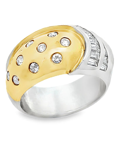 Vintage Platinum and 18k Yellow Gold Two Tone Dome Ring with Round and Baguette Diamonds 0.88 Carats