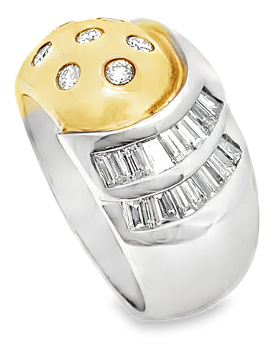 Vintage Platinum and 18k Yellow Gold Two Tone Dome Ring with Round and Baguette Diamonds 0.88 Carats