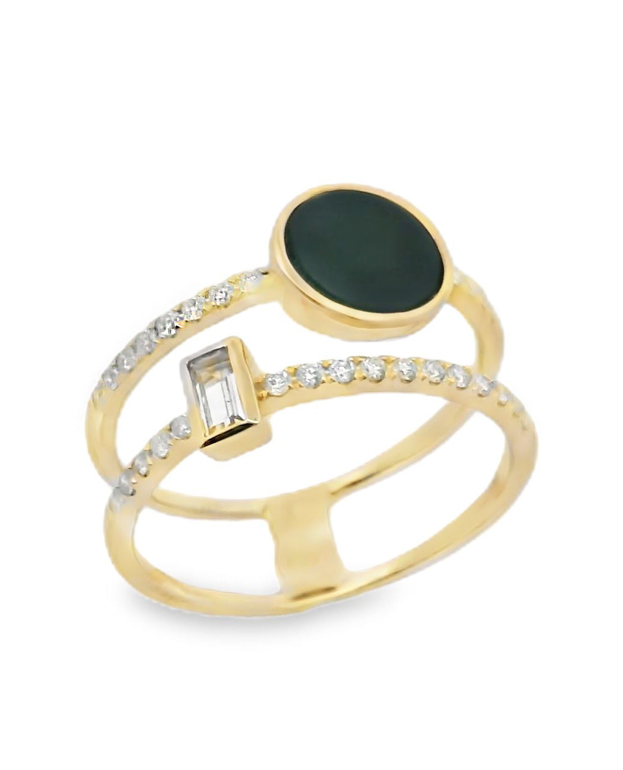 Round Black Onyx & Baguette White Topaz 14K Yellow Gold Double Row Diamond Ring