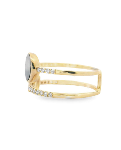 Round Black Onyx & Baguette White Topaz 14K Yellow Gold Double Row Diamond Ring