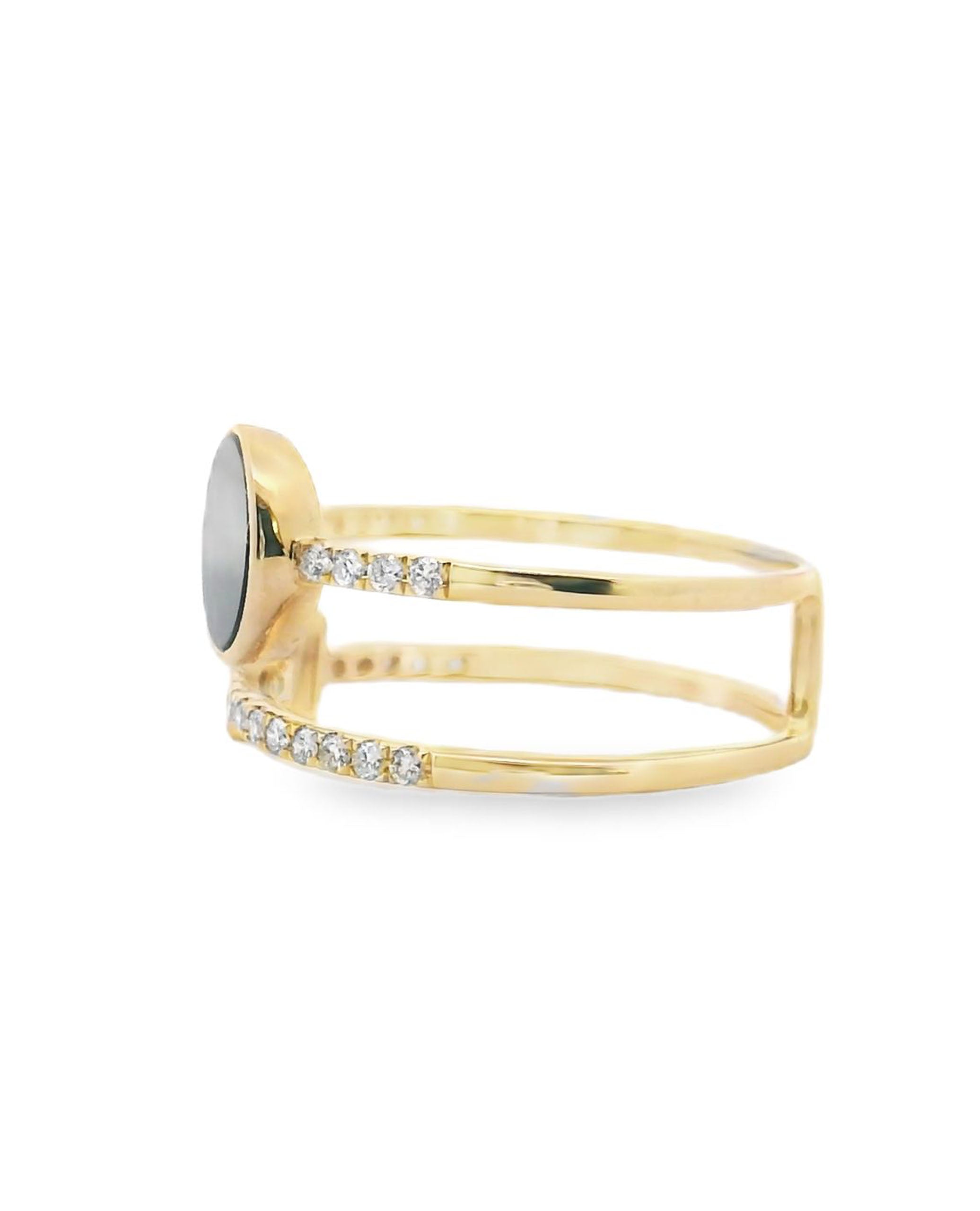 Round Black Onyx & Baguette White Topaz 14K Yellow Gold Double Row Diamond Ring
