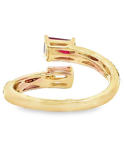 Emerald Cut Diamond and Step Cut Ruby Bypass Ring in 14K Yellow Gold