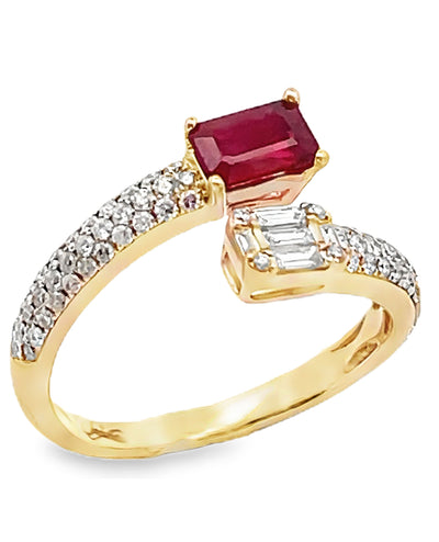 Emerald Cut Diamond and Step Cut Ruby Bypass Ring in 14K Yellow Gold