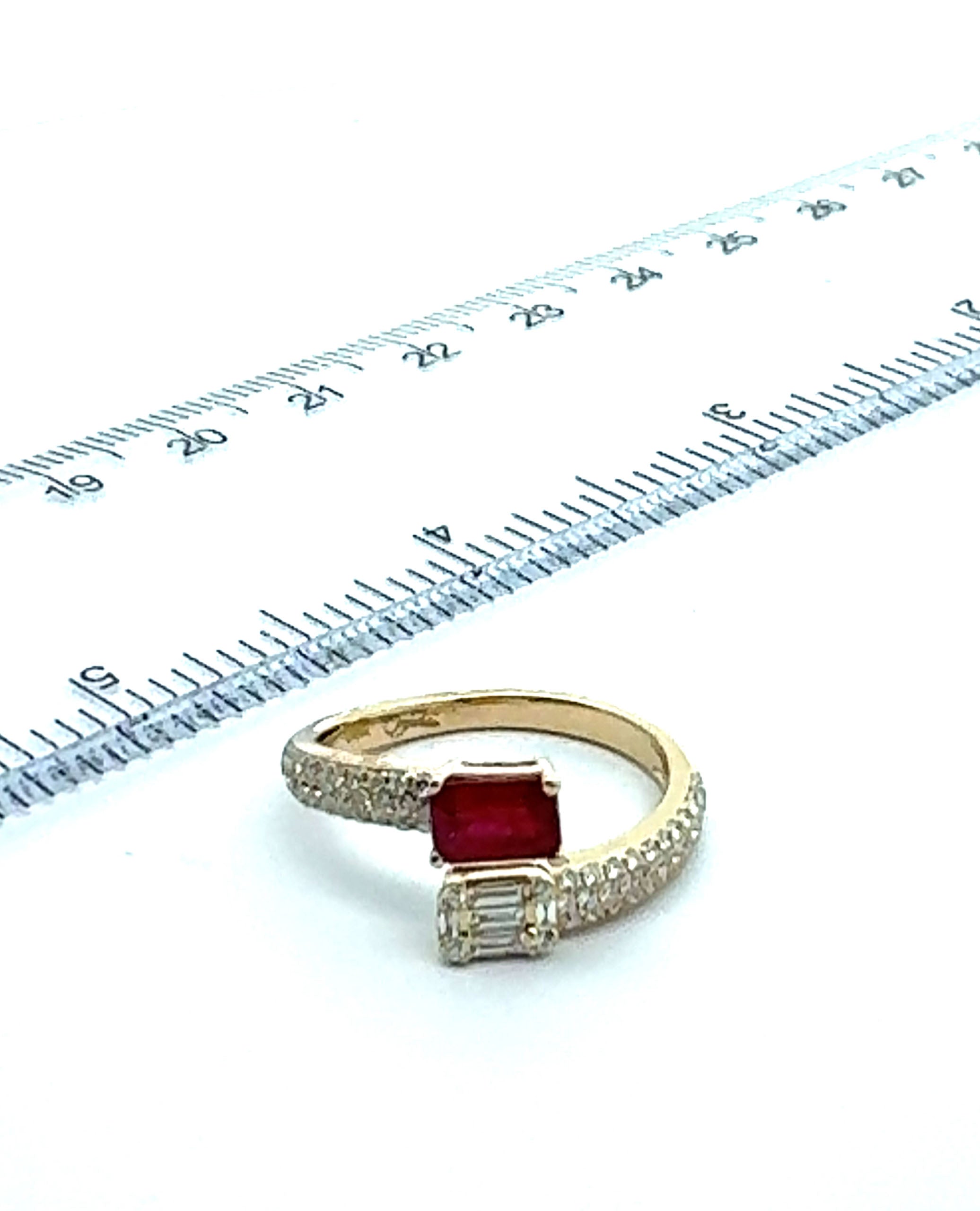 Emerald Cut Diamond and Step Cut Ruby Bypass Ring in 14K Yellow Gold