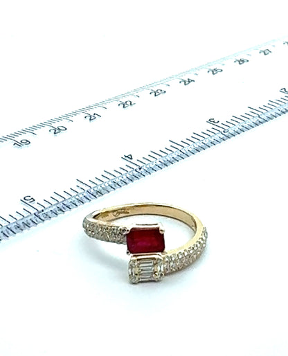 Emerald Cut Diamond and Step Cut Ruby Bypass Ring in 14K Yellow Gold