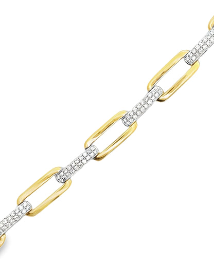 Paperclip Bracelet with Pave Diamonds in 14K Yellow & White Gold & Hidden Clasp