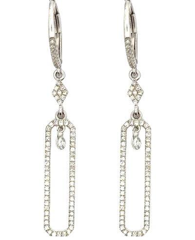 14K White Gold Dangle Paperclip Lever Back Earrings with Diamonds