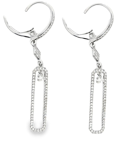 14K White Gold Dangle Paperclip Lever Back Earrings with Diamonds