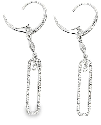 14K White Gold Dangle Paperclip Lever Back Earrings with Diamonds