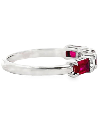18K White Gold Ring with Single Row Alternating Rubies 0.90 Carats and Diamonds 0.21 Carats