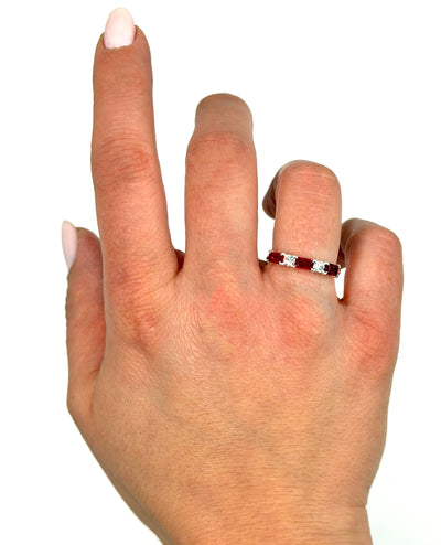 18K White Gold Ring with Single Row Alternating Rubies 0.90 Carats and Diamonds 0.21 Carats