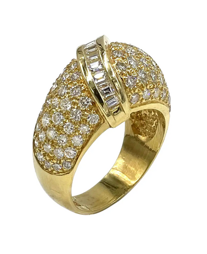 Vintage Dome Ring with Round and Baguette Diamonds 2.65 Carats in 18K Yellow Gold