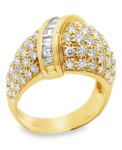 Vintage Dome Ring with Round and Baguette Diamonds 2.65 Carats in 18K Yellow Gold