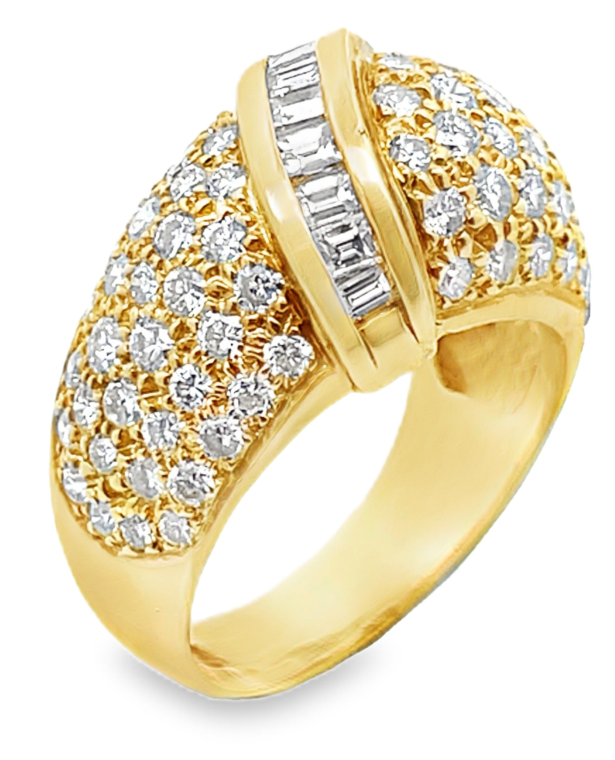 Vintage Dome Ring with Round and Baguette Diamonds 2.65 Carats in 18K Yellow Gold