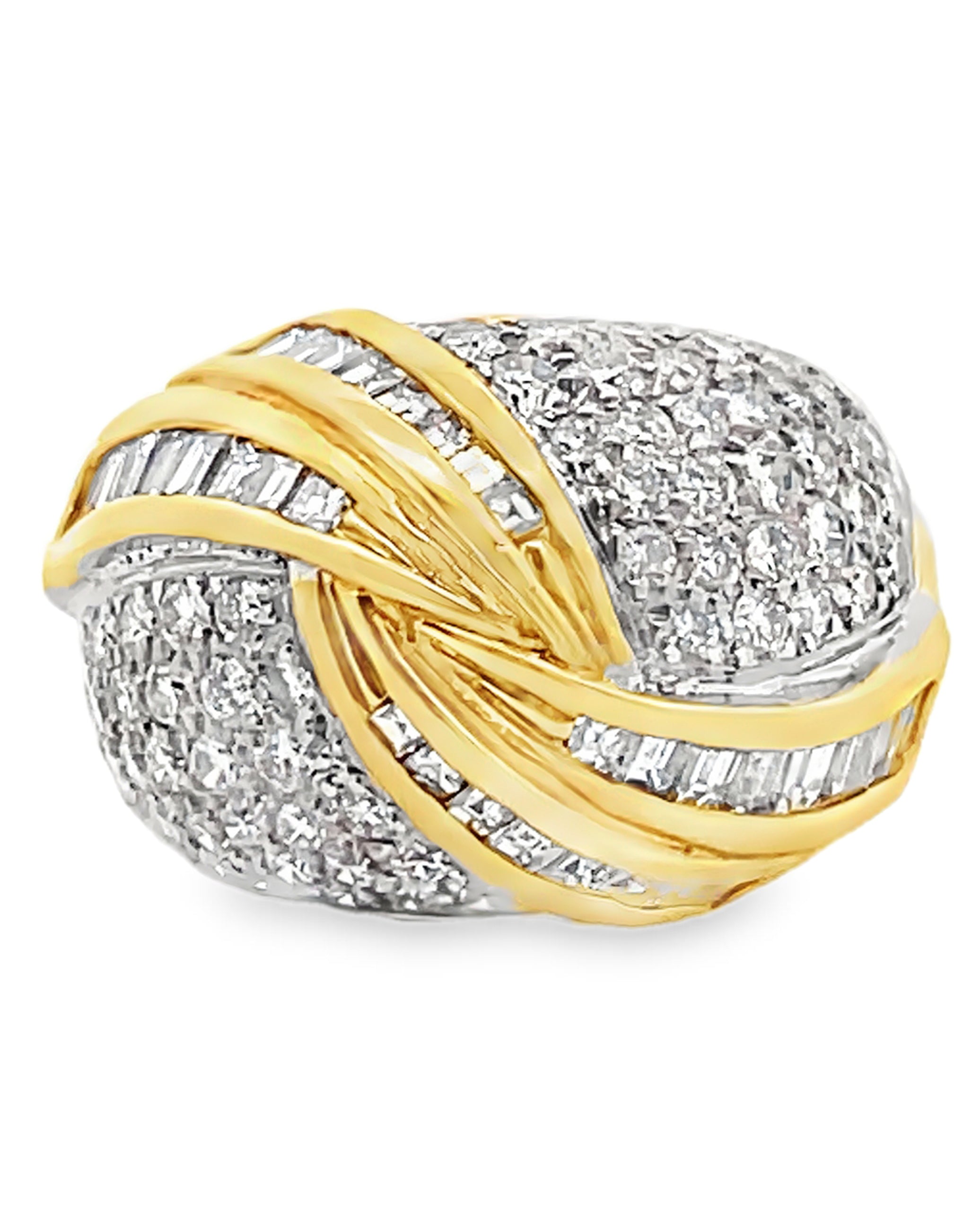 Vintage 2.15 Carat Round and Baguette Diamond Swirl Dome Ring in 18K Gold