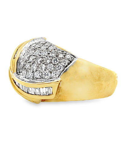 Vintage 2.15 Carat Round and Baguette Diamond Swirl Dome Ring in 18K Gold