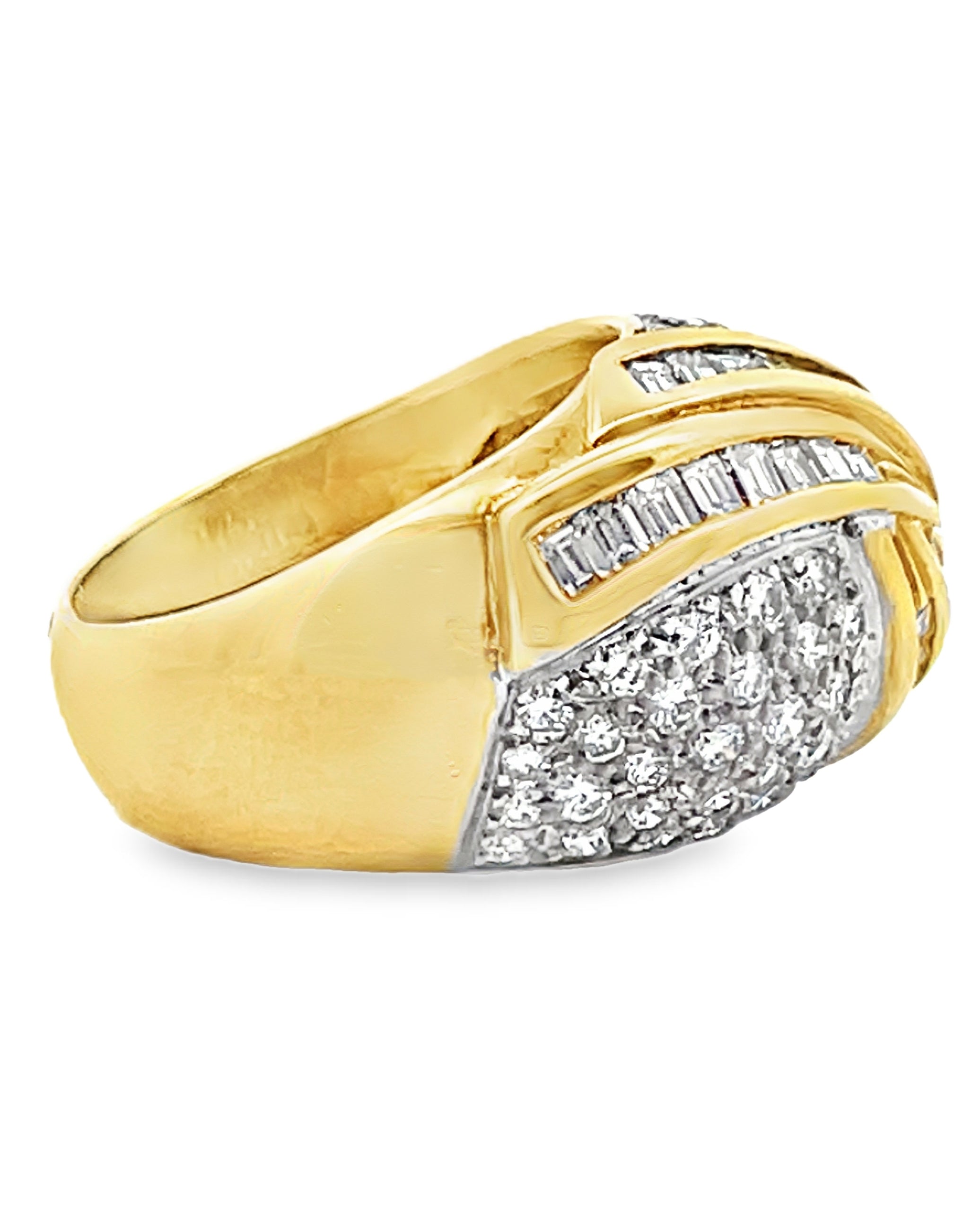 Vintage 2.15 Carat Round and Baguette Diamond Swirl Dome Ring in 18K Gold