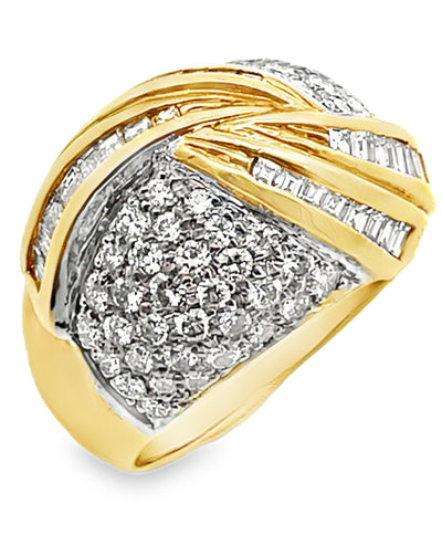 Vintage 2.15 Carat Round and Baguette Diamond Swirl Dome Ring in 18K Gold