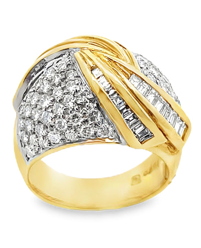 Vintage 2.15 Carat Round and Baguette Diamond Swirl Dome Ring in 18K Gold