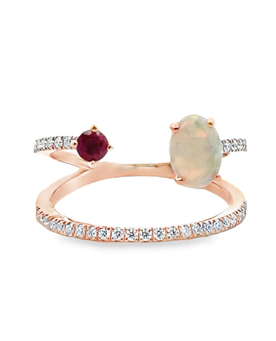 Oval Ruby and Opal Asymmetric Bypass Ring in 14K Rose Gold with Diamonds