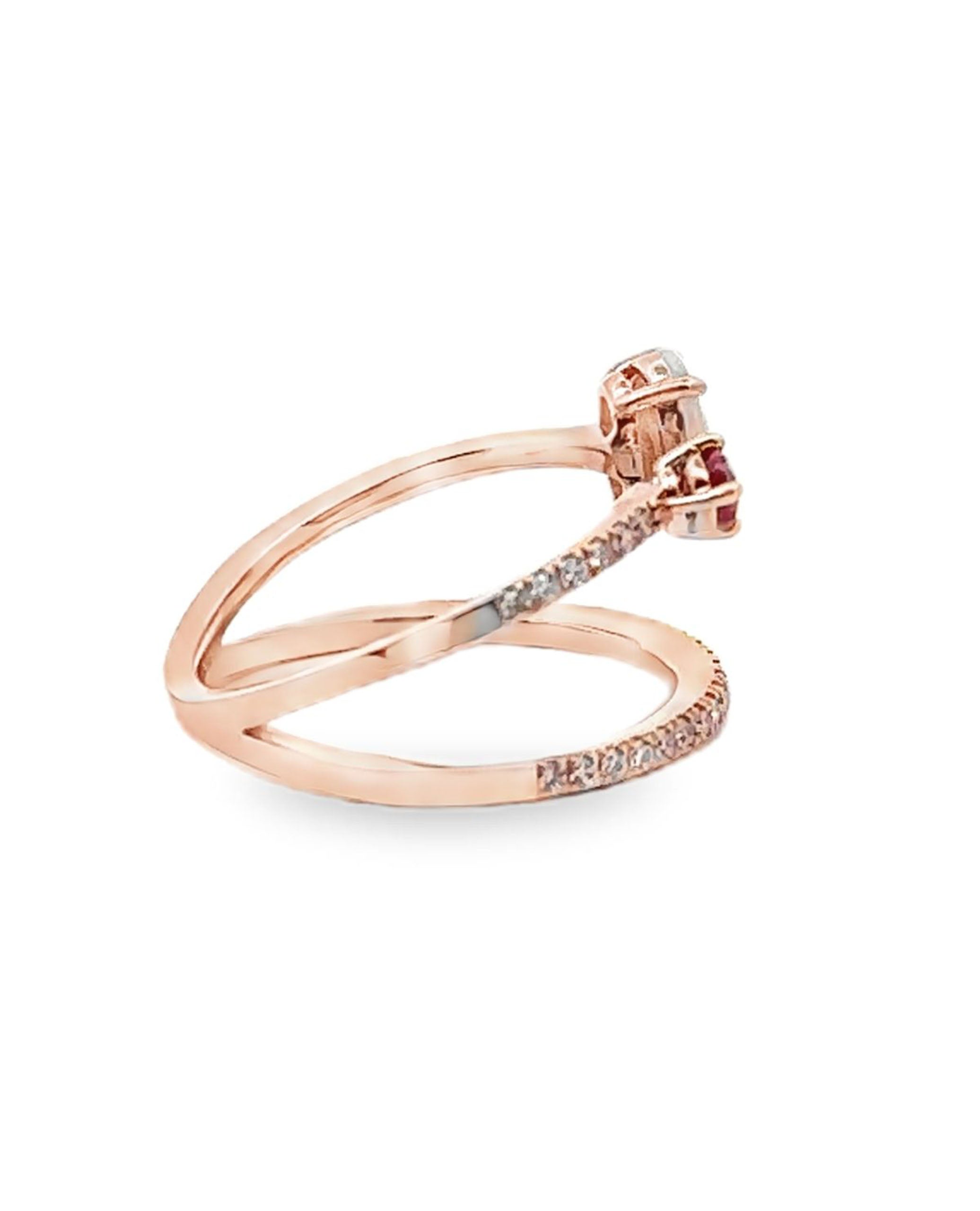 Oval Ruby and Opal Asymmetric Bypass Ring in 14K Rose Gold with Diamonds