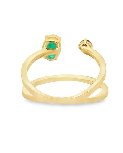 Sapphire & Emerald Asymmetric Bypass Ring in 14K Yellow Gold with Diamonds