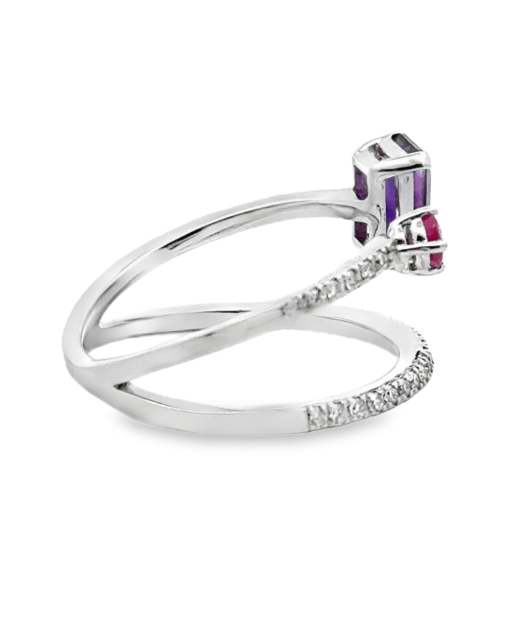 Asymmetric Bypass Style Amethyst & Ruby Ring in 14K White Gold with Diamonds