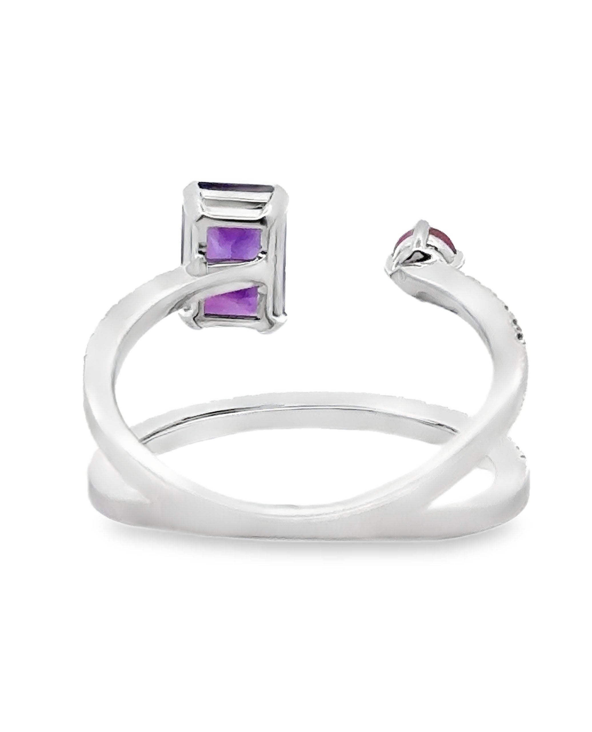 Asymmetric Bypass Style Amethyst & Ruby Ring in 14K White Gold with Diamonds