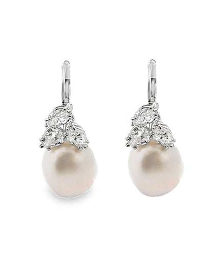 14K White Gold Pearl and Diamond Drop Earrings