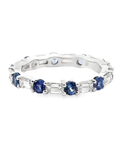 18K White Gold Eternity Band with Diamonds and Blue Sapphires- Size 6.25