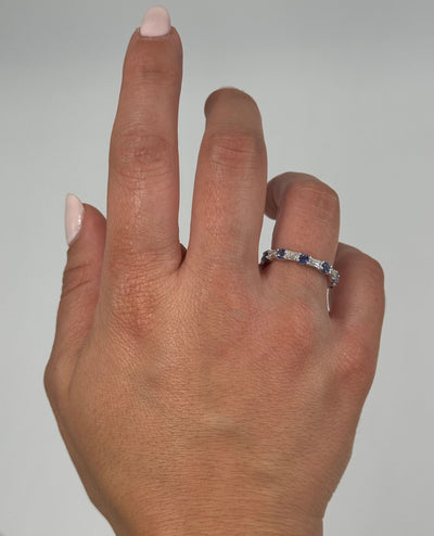 18K White Gold Eternity Band with Diamonds and Blue Sapphires- Size 6.25