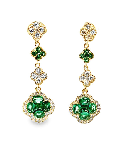 18K Yellow Gold Dangling Quatrefoil Earrings with Diamonds & Emeralds