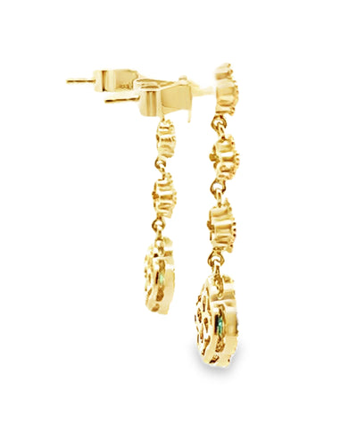 18K Yellow Gold Dangling Quatrefoil Earrings with Diamonds & Emeralds