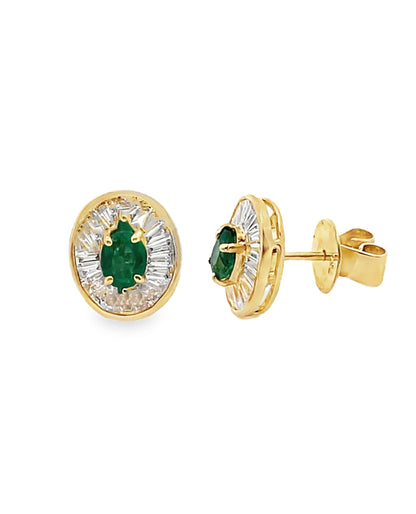 18K Yellow Gold Diamond and Emerald Stud Earrings with Pushbacks