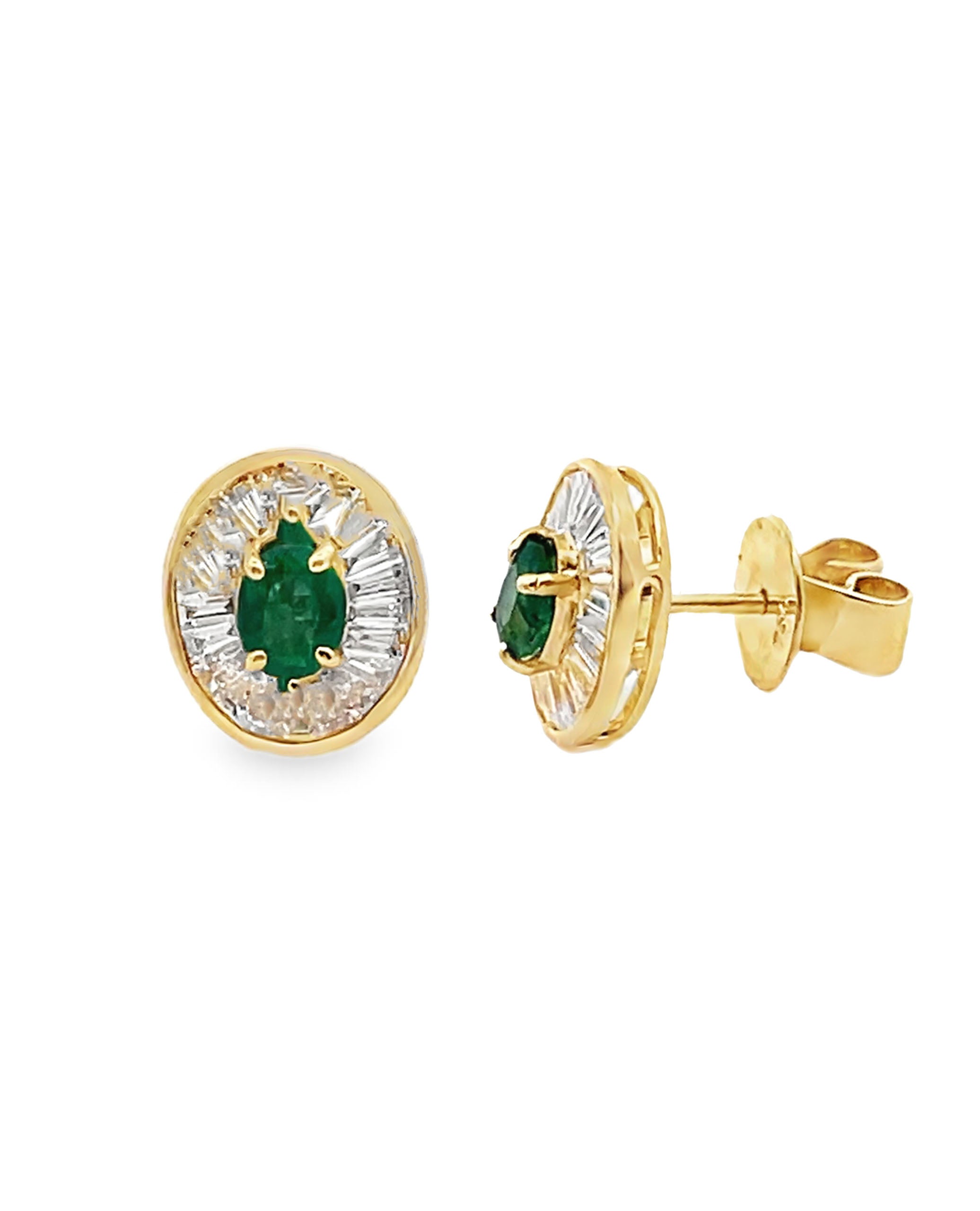 18K Yellow Gold Diamond and Emerald Stud Earrings with Pushbacks