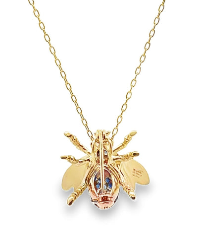 18K Yellow Gold Bee Sliding Pendant Necklace and Removable Brooch with Diamonds & Blue Sapphires