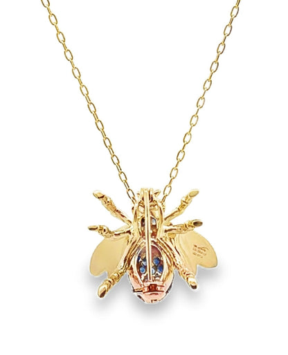 18K Yellow Gold Bee Pendant Necklace with Diamonds & Blue Sapphires