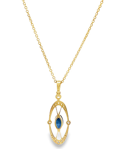 14K Yellow Gold Blue Sapphire and Diamond Pendant Necklace
