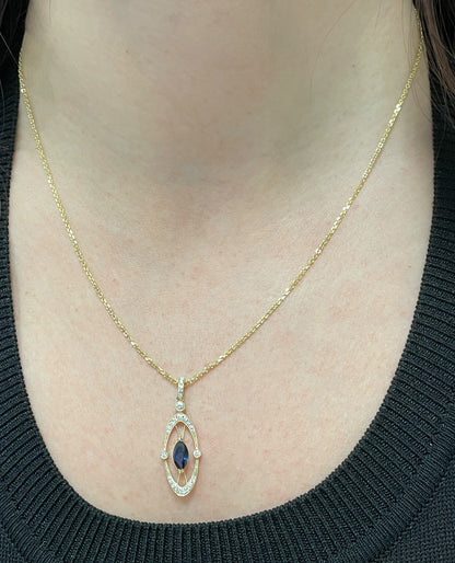 14K Yellow Gold Blue Sapphire and Diamond Pendant Necklace