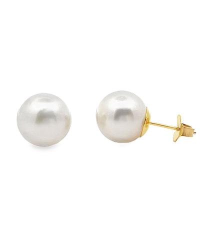 14K Yellow Gold 10mm White South Sea Pearl Earrings with Pushbacks
