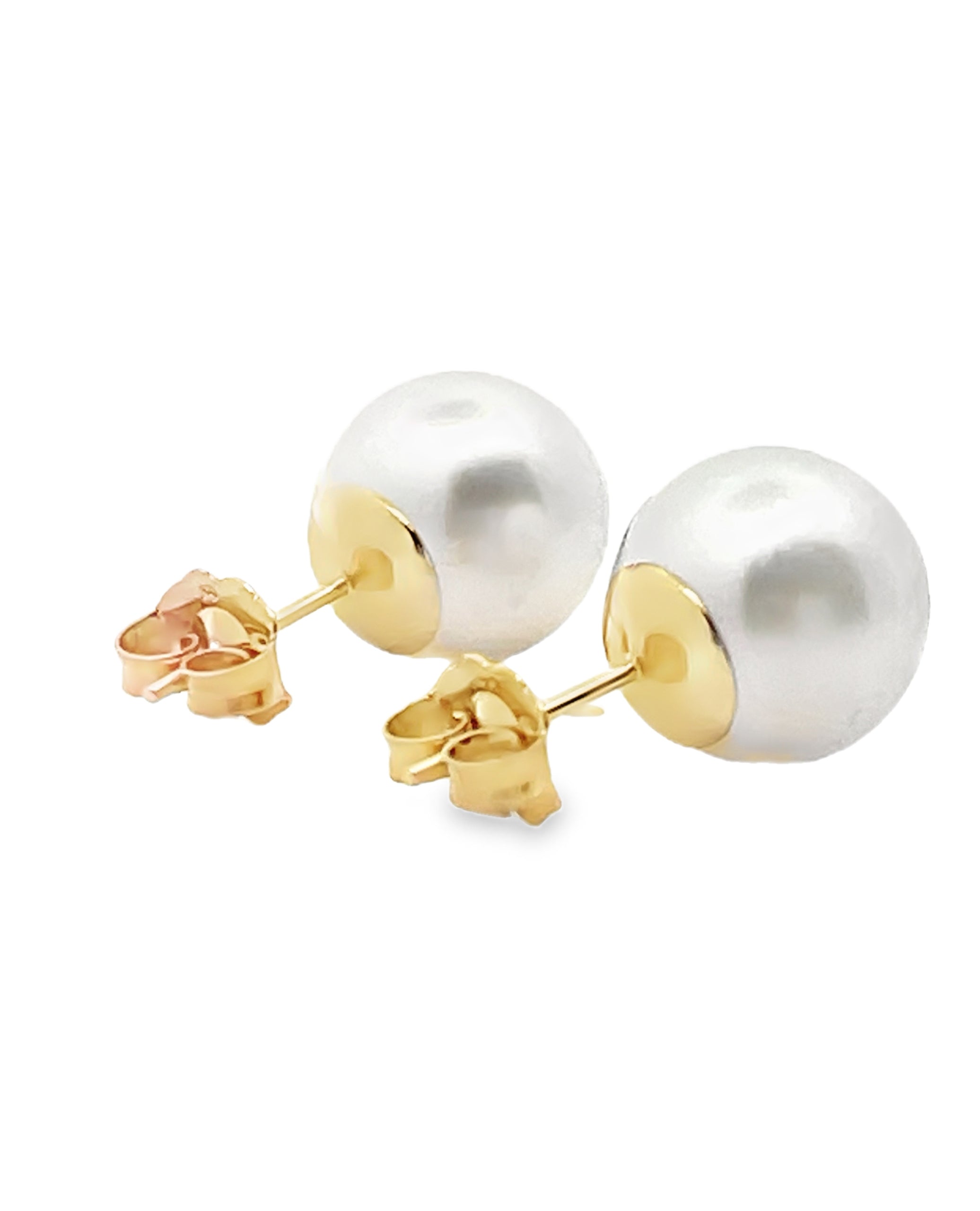 14K Yellow Gold 10mm White South Sea Pearl Earrings with Pushbacks