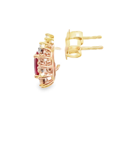 14K Yellow Gold Ruby & Diamond Stud Earrings with Pushbacks