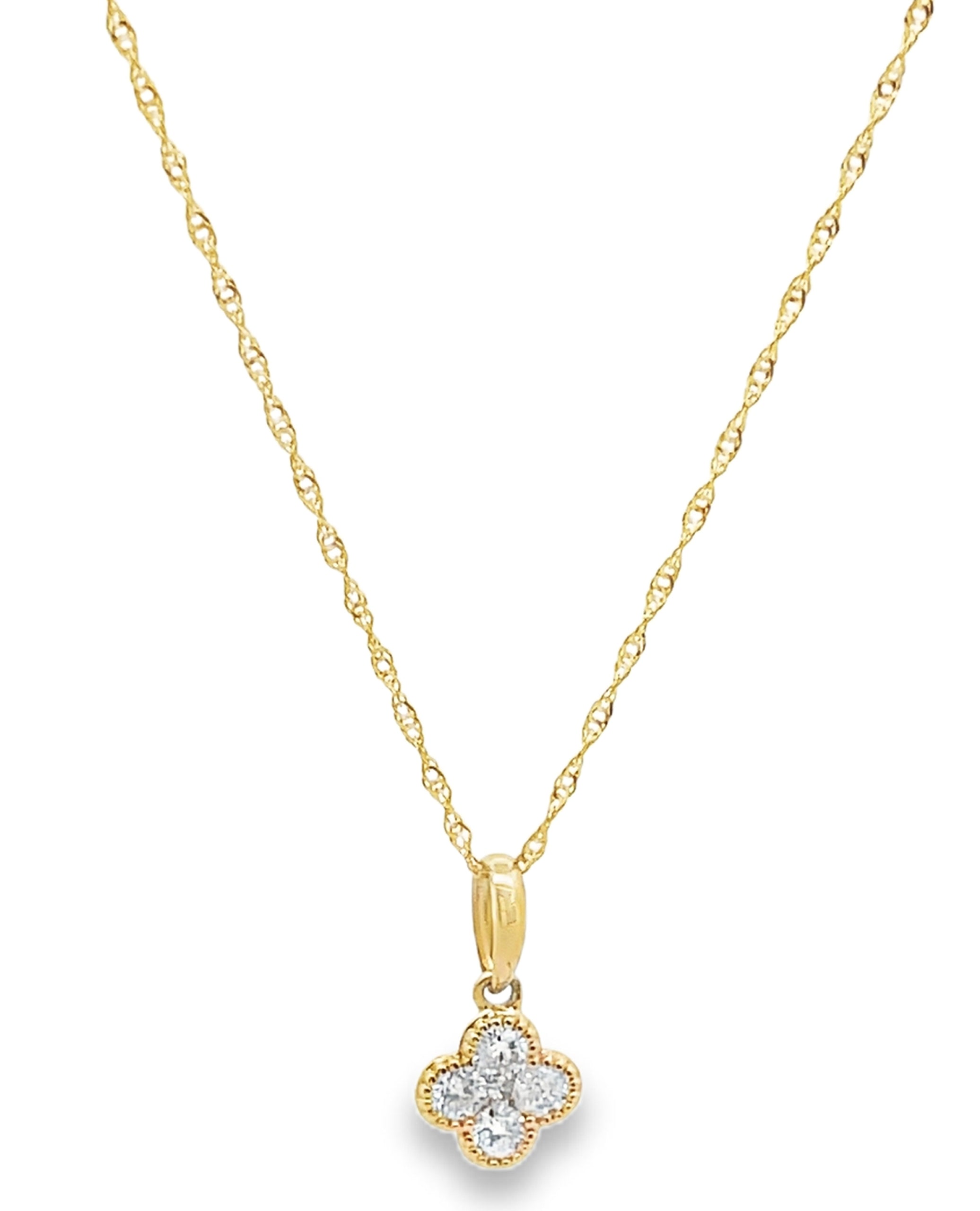 14K Yellow Gold Four Leaf Quatrefoil Diamond Pendant Necklace