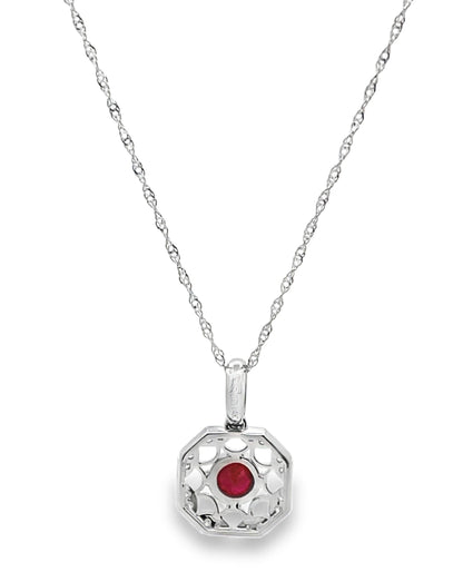 14K White Gold Ruby & Diamond Pendant Necklace
