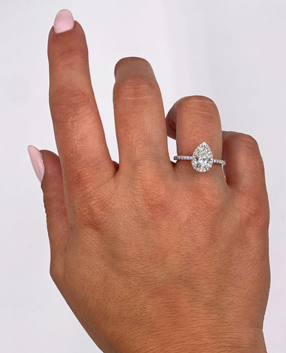 18K White Gold Halo Ring with Lab Grown Pear Shaped Diamond