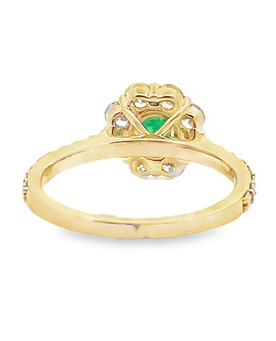 14K Yellow Gold Round Emerald & Diamond Floral Halo Ring